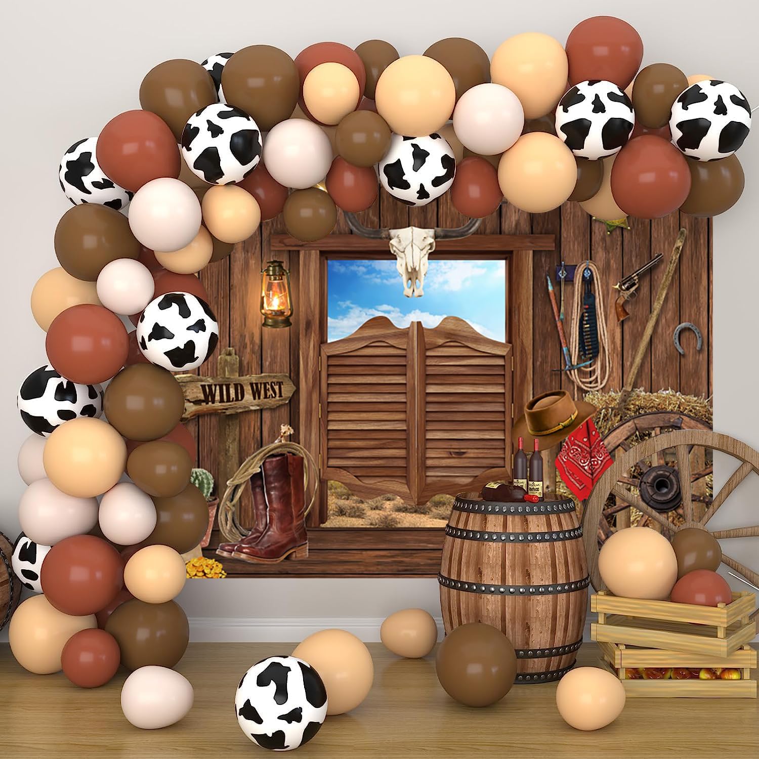 3.6x3m Sfondo Western Cowboy Decorazione rodeo selvaggio West Bar saloon rustico Porta di fienile in legno Sfondo fotografico Tema western Decorazioni per feste di compleanno per bambini