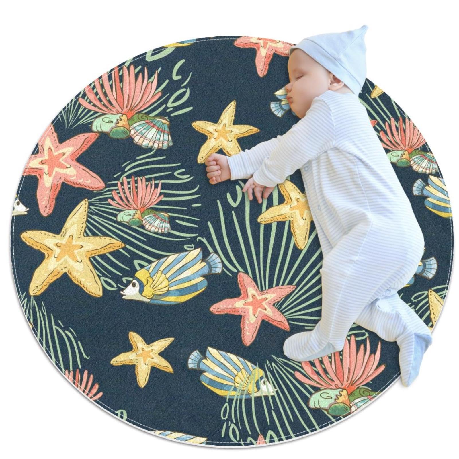 Tapis de sol rond imprimé poissons camomille 1m