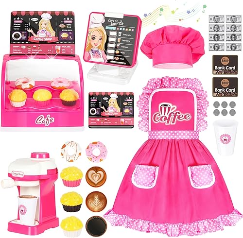 Mastom - Juego de cafetera para niños, juegos de cocina de juego de rol, cafetería con sonido y luz, delantal, gorra, máquina de café, juguete de