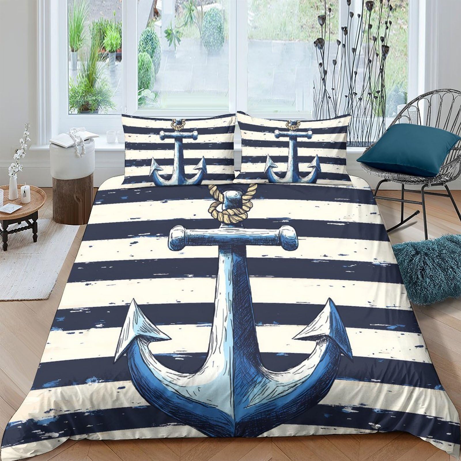 Ctjqhvkz Style-10 3D Printed Nautical Anchor Fitted Sheet Microfiber Navy Stripe Mattress Cover For Bedroom Guest Room Decor Single（135X200cm）