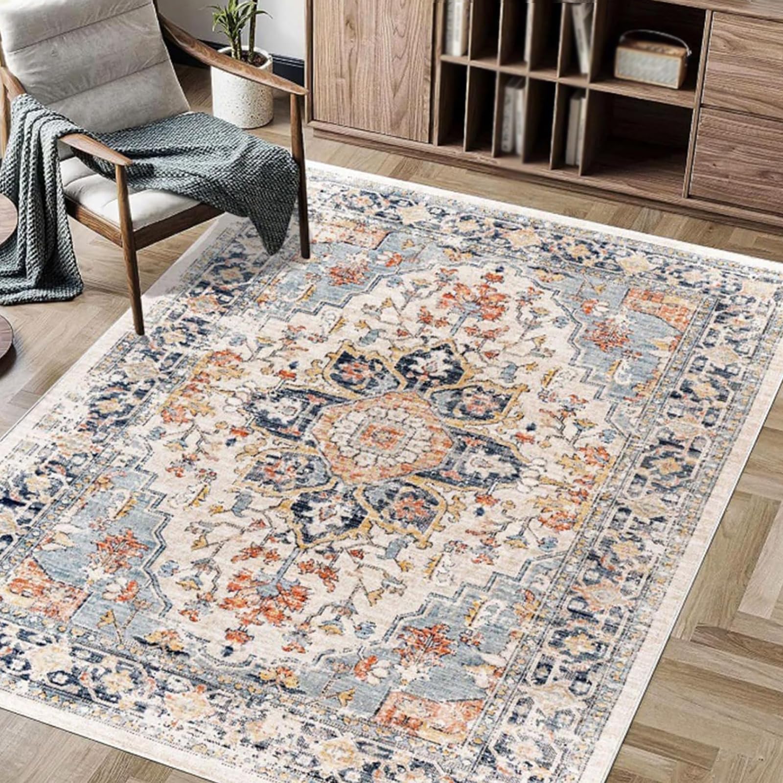 Generisch Teppich Läufer Flur,Blau Beige Orange Gelb Vintage Traditionell, Mehrfarbig, 100 x 180 cm, Teppich Waschbar für Wohnzimmer Office Schlafzimmer Küchen Zuhause Innen Deko