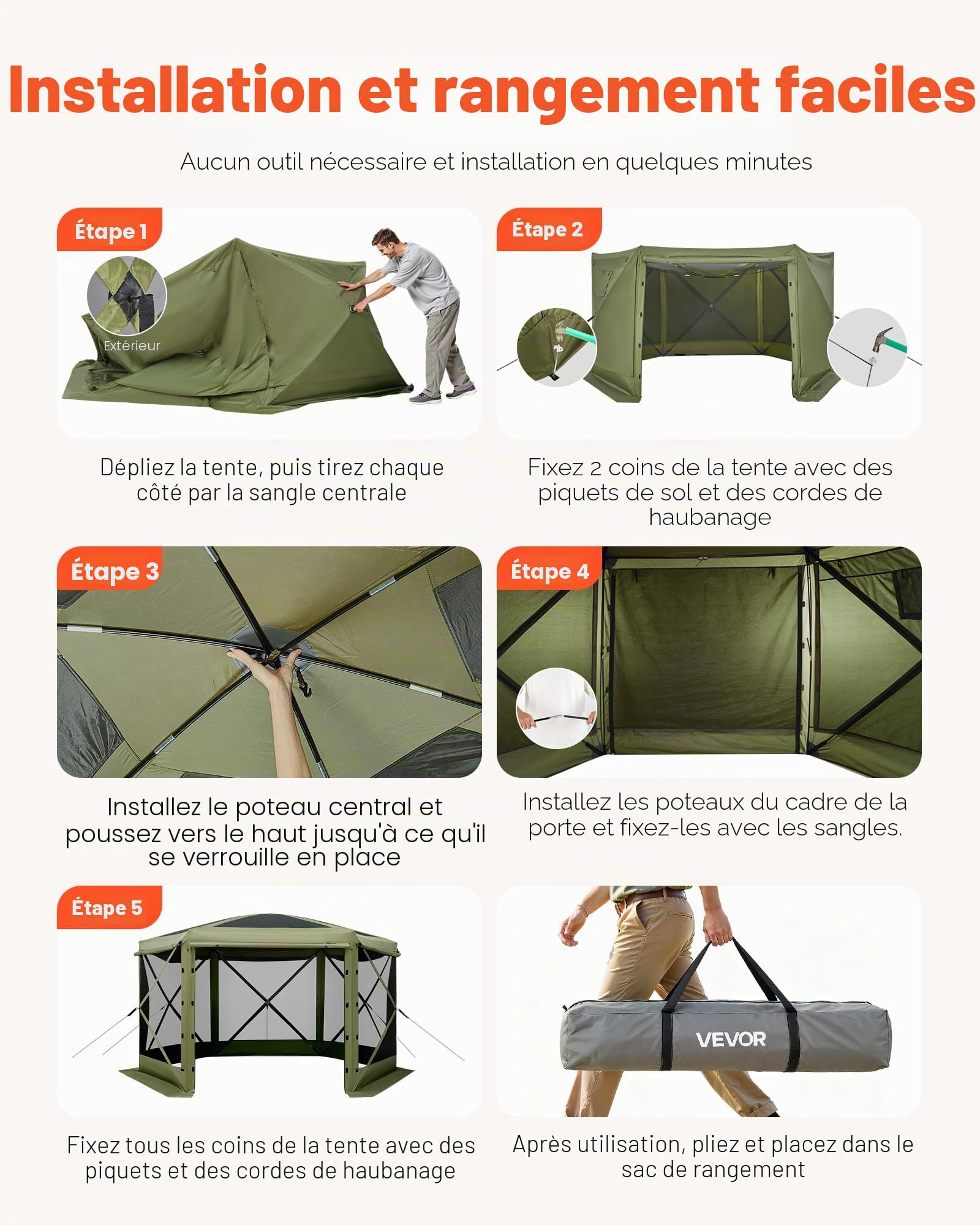 VEVOR Tente Moustiquaire Tonnelle Pop-up 3,6x3,6 m Tente Moustiquaire Pliante 8-10 Personnes Abri Solaire à 6 Côtés pour Camping en Famille Terrasse Jardin, avec Toit Amovible, Sac de Transport, Vert