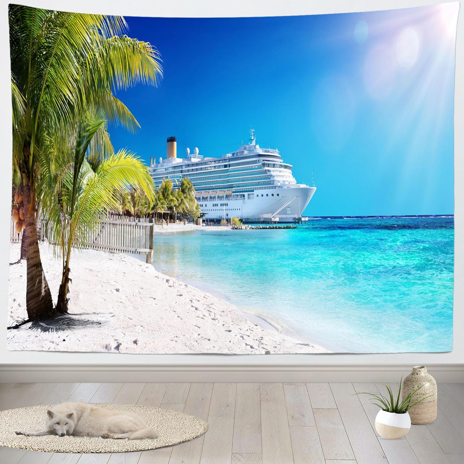 Loccor Cruise Ship Tapestry 118" x 78" Extra Large Caribbean Sea Palm Tree Coral Beach Tapestry Wall Hanging Tropical Island Summer Holiday Tapestries Wall Art for Bedroom Living Room Dorm Home Decor