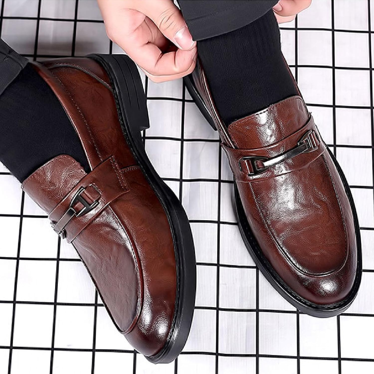 Men's Leather Slip On Loafers with Decorative Buckle Business Formal Round Toe Comfortable Block Heel Platform Dress Shoes for Work Wedding Office Penny Loafers