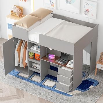 Full Loft Bed with Built-in Wardrobe Full Size High Loft Bed with Desk, Shelves Wooden Loft Bed with Storage Drawers