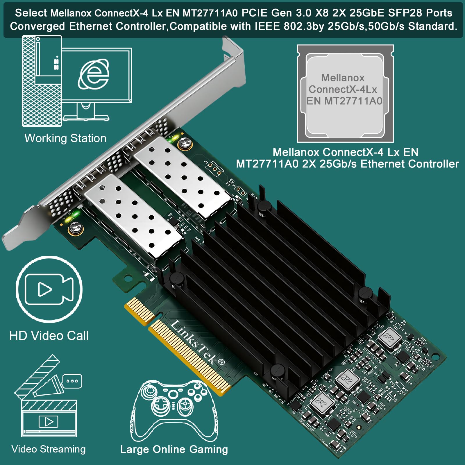 Adattatore Ethernet RDMA intelligente con porte in fibra SFP28 Dual 25GbE per server di virtualizzazione e archiviazione, controller Ethernet Mellanox ConnectX-4 Lx EN MT27711A0, 2X 25GbE PCIE 3.0 X8