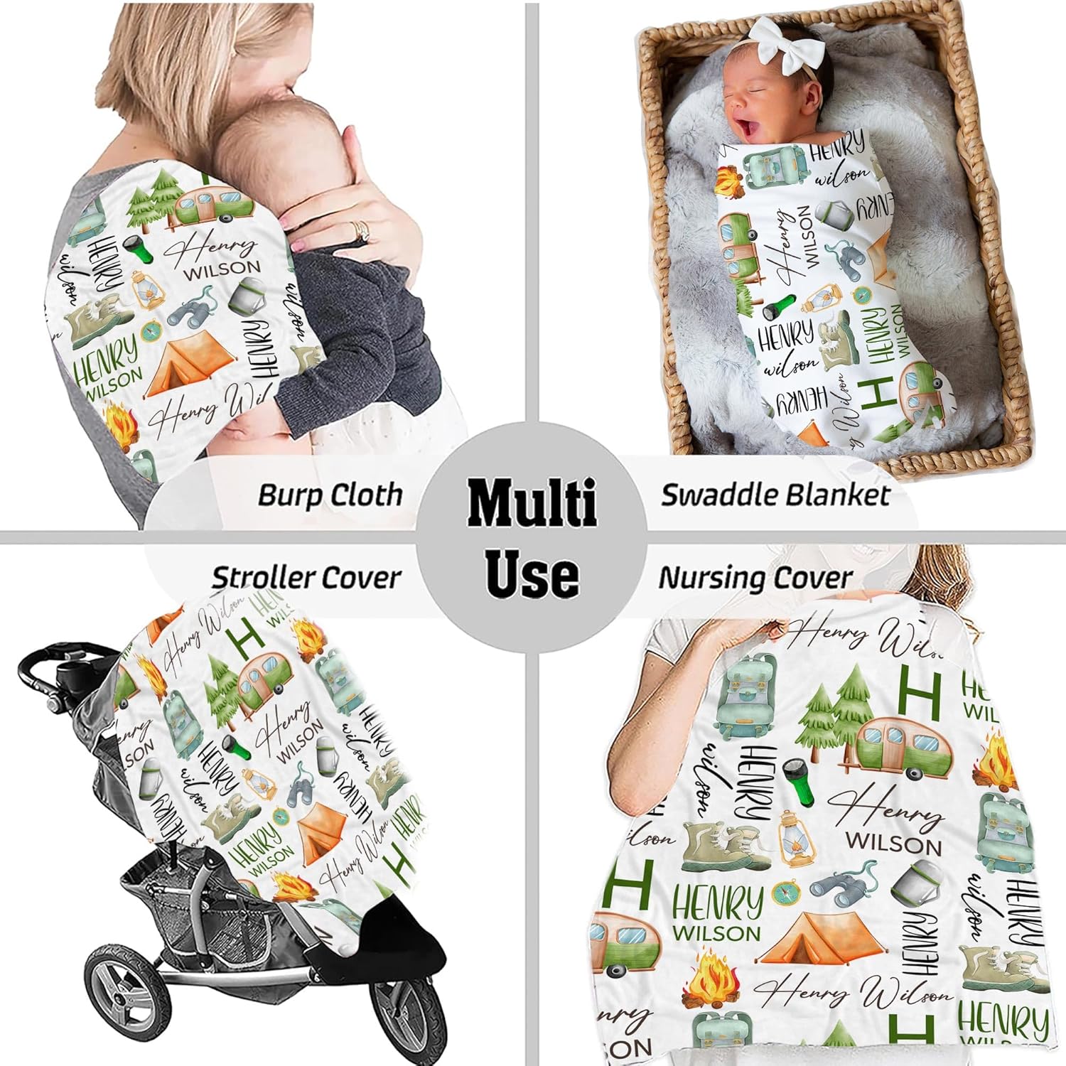 Personalized Camping Baby Blanket, Custom Name, Outdoor Adventure Nursery Swaddle, Cozy Campfire Fleece, Forest Hiking Infant Wrap, Newborn Wilderness Snuggle, Rustic