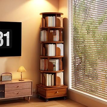 6-Tier Rotating Bookshelf, Corner Book Shelf Bookcase with Wheels, 360 Spinning Storage Rack for Small Spaces, Narrow Shelves Wood Tower Organizer for Bedroom Living Room Study, Walnut Brown