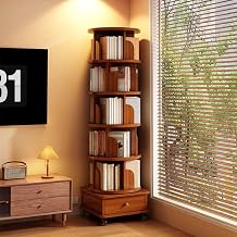 6-Tier Rotating Bookshelf, Corner Book Shelf Bookcase with Wheels, 360 Spinning Storage Rack for Small Spaces, Narrow Shelves Wood Tower Organizer for Bedroom Living Room Study, Walnut Brown