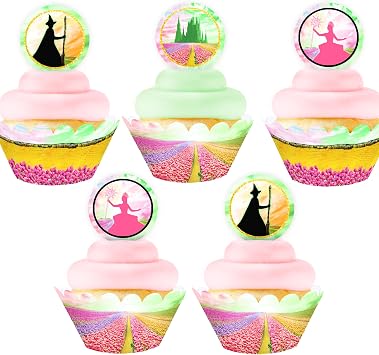 Witch Cupcake Kit - 48 Pieces - 24 Wizard Cupcake Toppers and 24 Wrappers - Witch Party Supplies - Pink Green Party Decorations - Cupcake