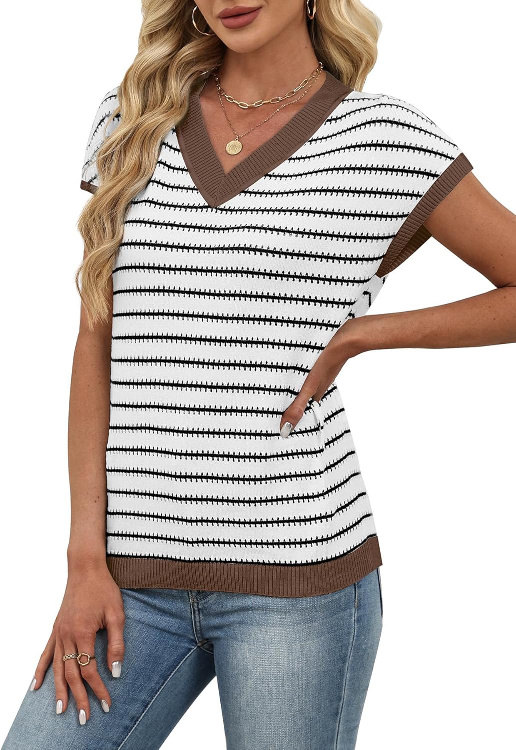 WIHOLL Womens Short Sleeve Sweater V Neck Cute Tops Trendy Spring Summer Striped Pullover Crochet Sweater Vest - Image 3