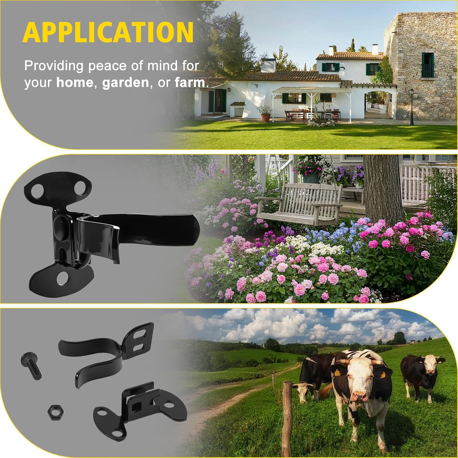 1-3/8" Wall Mount Fork Gate Latch with Padlock Hole & Hardware, Galvanized Steel， for Chain Link Fence Gate, Wood Post and Outdoor Farm Gate (Black)