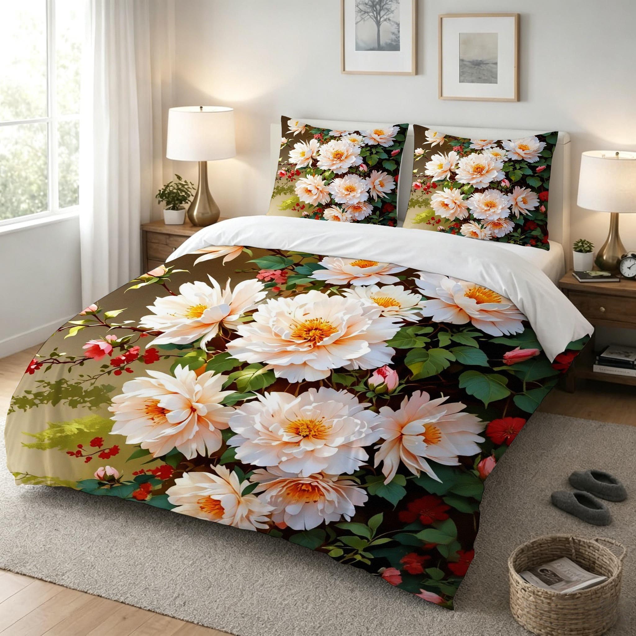 Copripiumino Matrimoniale Peonia Bianca 260x240, ZW642 | Traspiranti Durevoli Microfibra, per Tutta la Famiglia, Matrimoniale, per Tutte le Stagioni, con 2 Federe 50x80 cm
