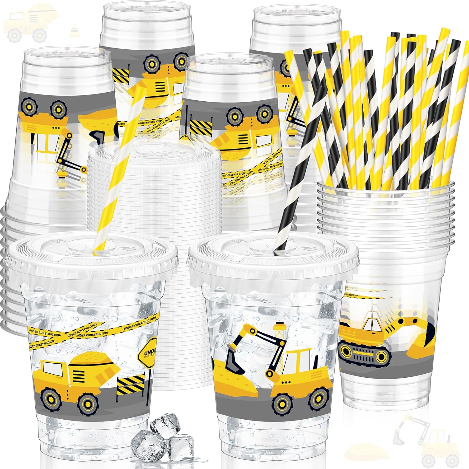 Teenyyou 50 Pcs 12 oz Disposable Plastic Cups with Straws, Lids and Leakproof Paper Clear Birthday Party Cups Supplies Birthday Table Decorations(Dirt Bike,Mixed Color)