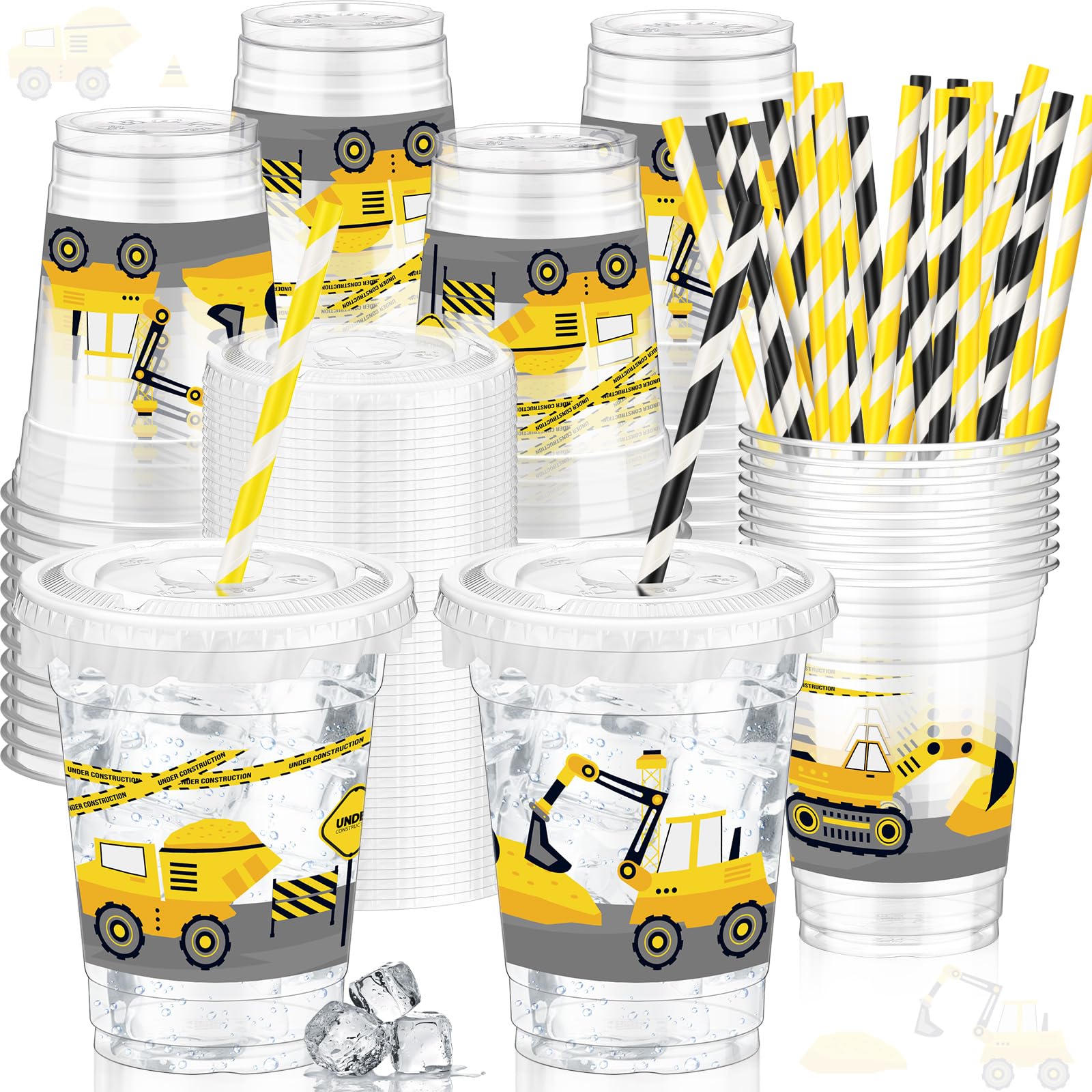 Teenyyou 50 Pcs 12 oz Disposable Plastic Cups with Straws, Lids and Leakproof Paper Clear Birthday Party Cups Supplies Birthday Table Decorations(Construction,Yellow)