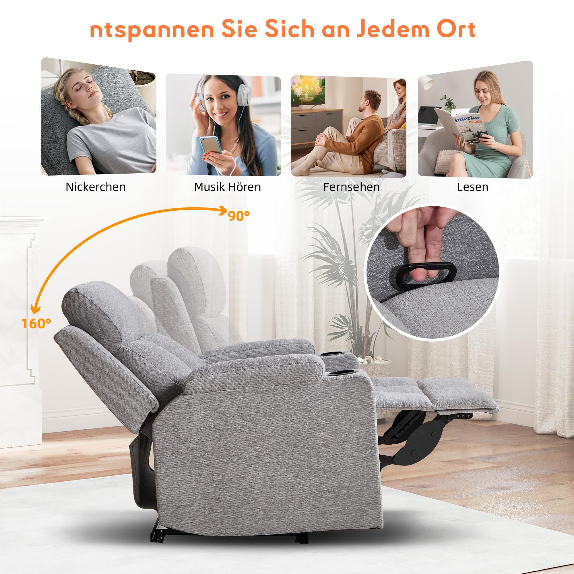 Simore Relaxsessel mit Liegefunktion, Fernsehsessel manueller mit Getränkehalter, bis 150 kg, Hellgrau