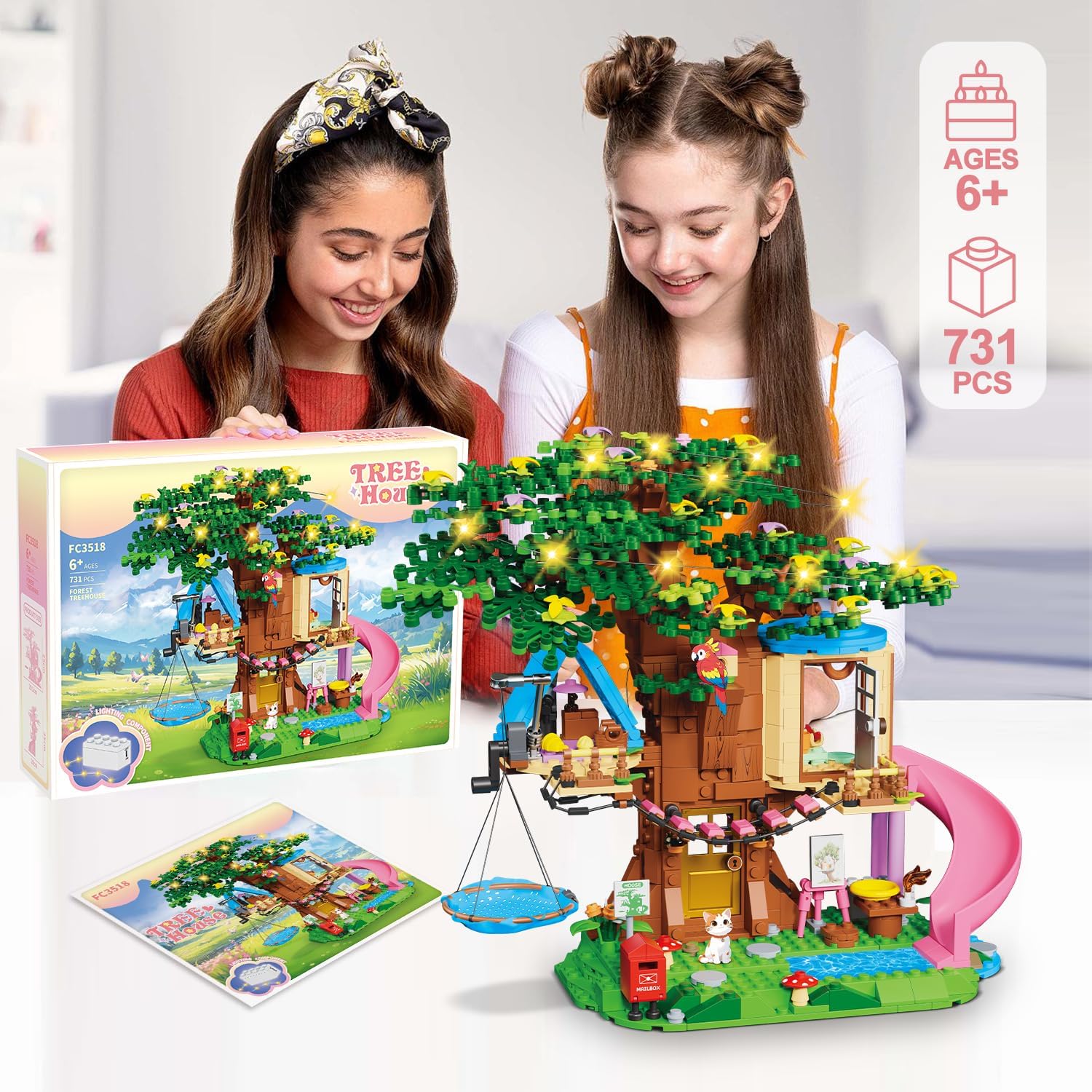 Treehouse Girls Forest Building Set 731PCS Compatible with Lego Friends, Fun Tree House Building blocks Kit Toys with Cat, Slide and Sky Hammock, Christmas Birthday Gifts for Kids Girls 6-12 Years Old