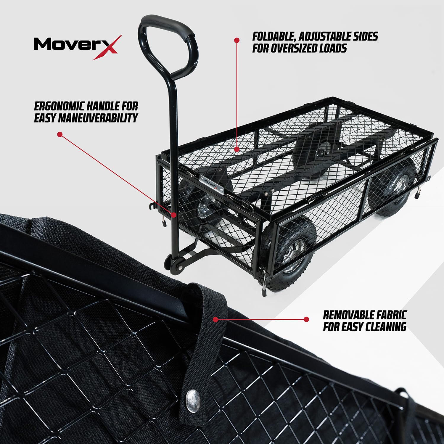 MoverX Chariot de jardin à roulettes - 250 kg - Chariot de camping robuste pour plage, extérieur, jardin, pique-nique, pêche, chariot à bûches, roues larges, noir