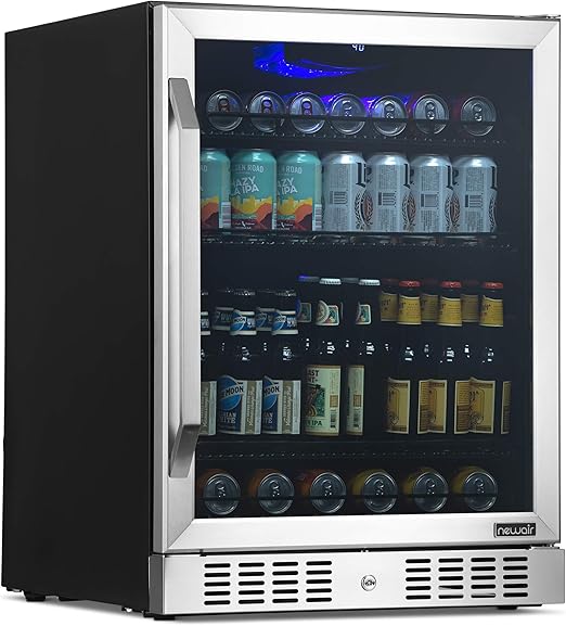 NewAir 24" 177 Can Beverage Fridge - Stainless Steel Beverage Refrigerator with Reversible Glass Door and Lock, Undercounter Built-in or Freestanding Drink Cooler for Beer, Soda, and Drinks