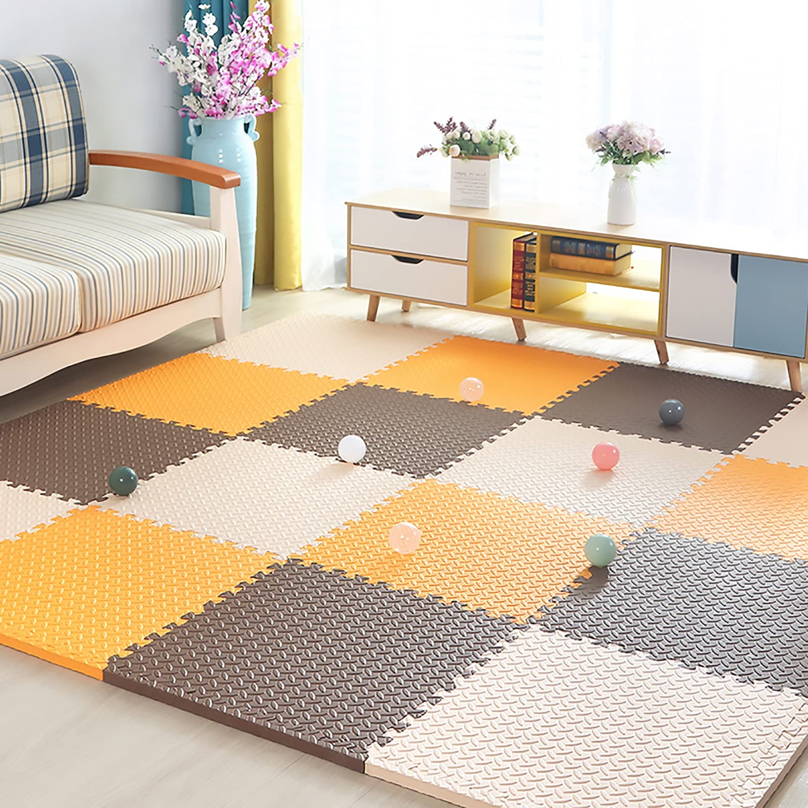 JLCP Baby Foam Play Puzzle Mats, Soft Floor Tiles Kids Foam Play Mats, Interlocking Mat 60X60x2cm Non-Slip Waterproof Crawling Mat Kids Rug Activitys Games Toys,Beige+brown+orange,12pcs