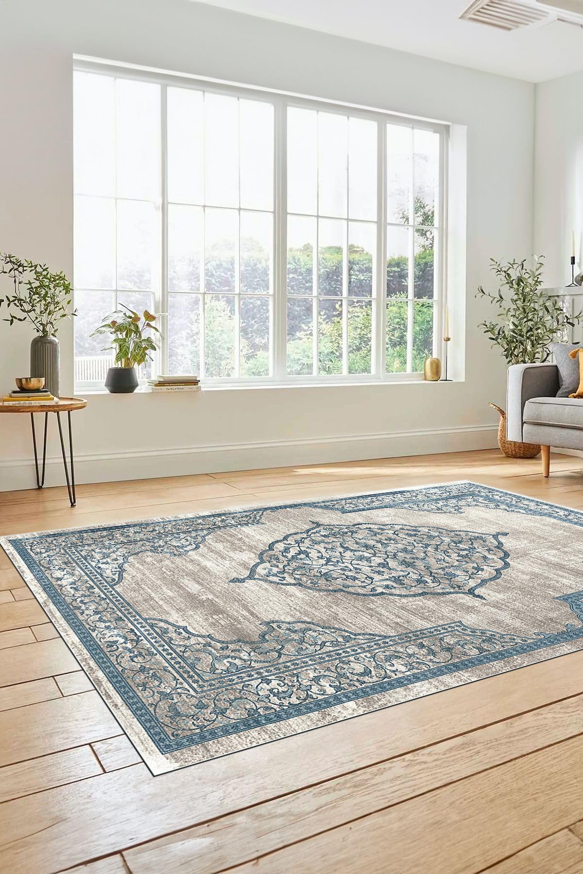 Evdeya Zarif Klasik Desen Dijital Kaymaz Taban Yıkanabilir Yolluk Mutfak Salon Halısı KLASİK-14, Mavi, 100 x 200