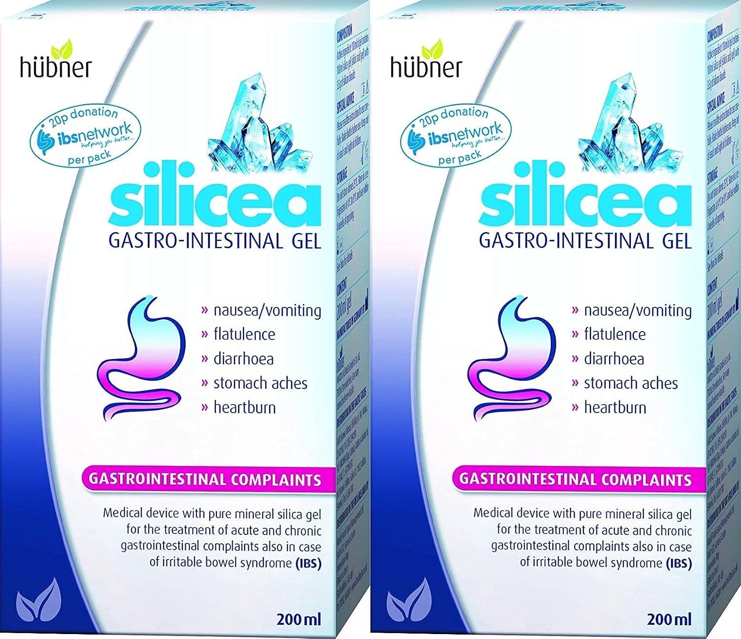 Hubner Silicea Gastrointestinal Gel Stomach ache, Flatulence, Nausea, Vomiting, Diarrhoea and Heartburn 200ml (Twin Pack)