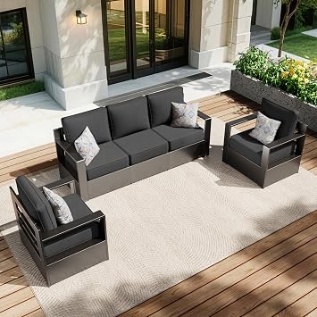 Aluminum Patio 79" Sofa Set with 2 Armchairs, All Weather Outdoor Conversation Furniture Set with Metal Armrest & 6" Water-Resistant Cushions & Furniture Covers for Deck Porch Grey