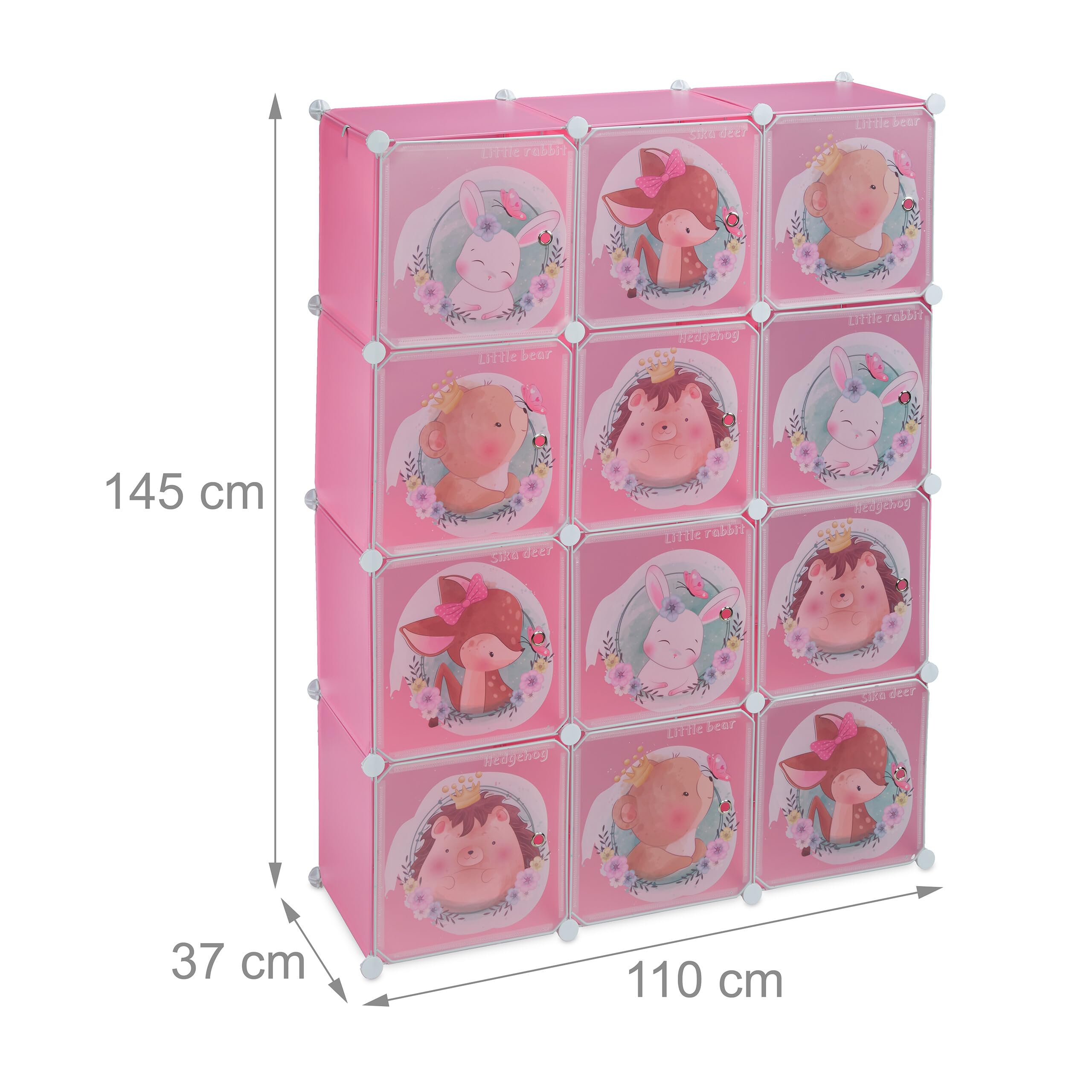 Relaxdays Steckregal Kinder, 2 Kleiderstangen, Türen mit Tierkindern, HBT: 145x110x37 cm, DIY Kinderkleiderschrank, rosa