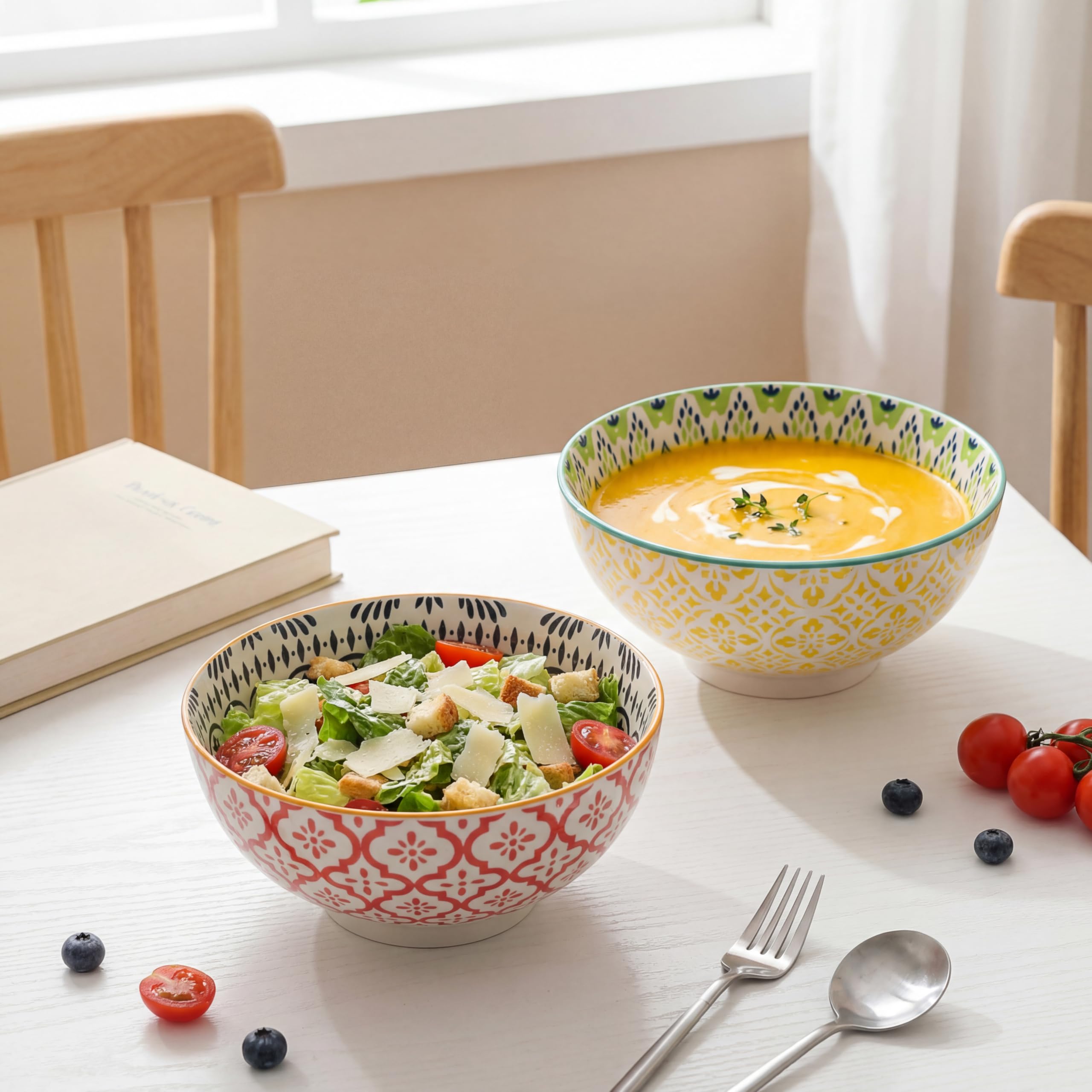 AHX Ensaladera Cuenco Ramen 1.7 Liters - Bol Ensalada Porcelana - 3 Piezas Grande Cuencos Sopa 20 cm - Aptos para Lavavajillas y Microondas