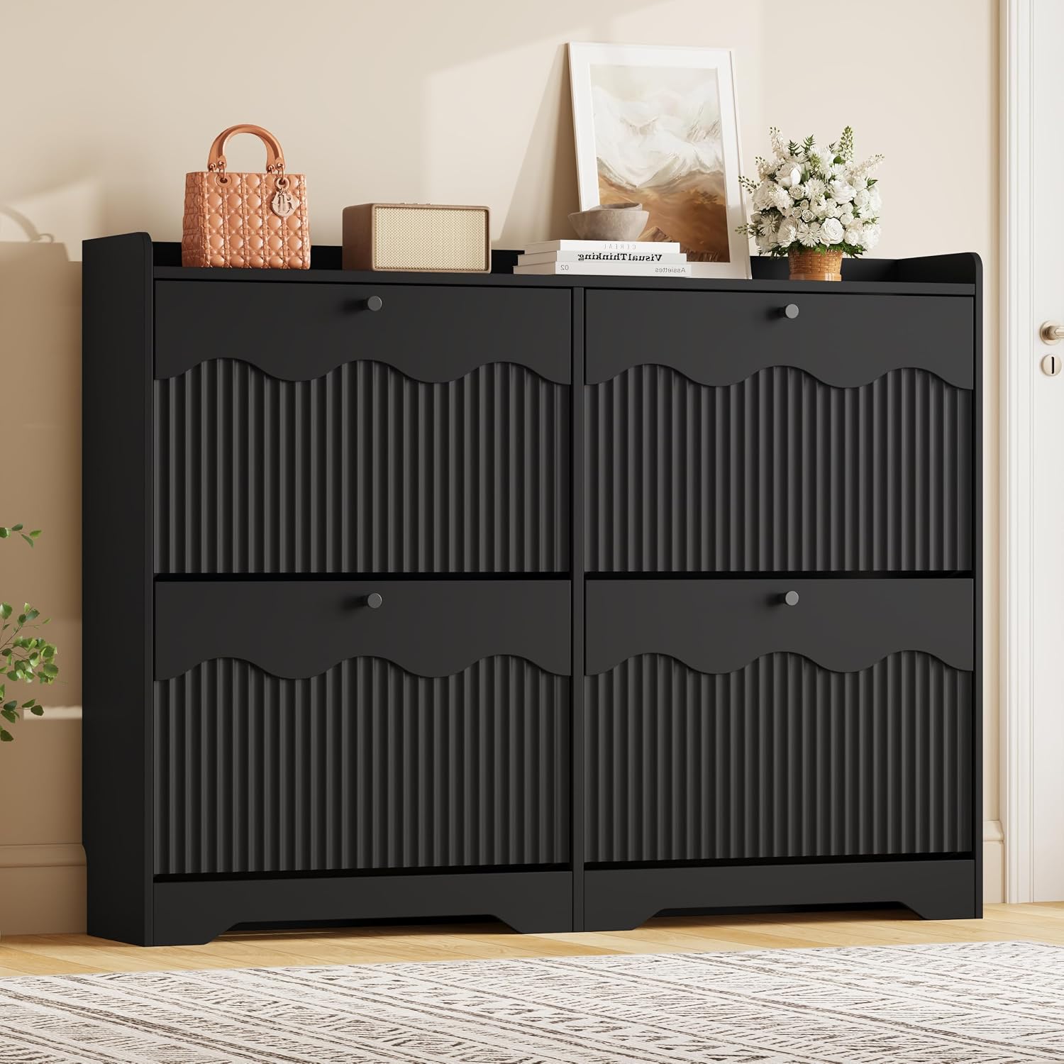 BORNOON Wide Shoe Storage Cabinet with 4 Flip Drawers and Modern Wave-Edge Fluted Panels, Slim Shoe Rack for Entryway, Freestanding Organizer with Adjustable Shelves and Anti-Tip Kit