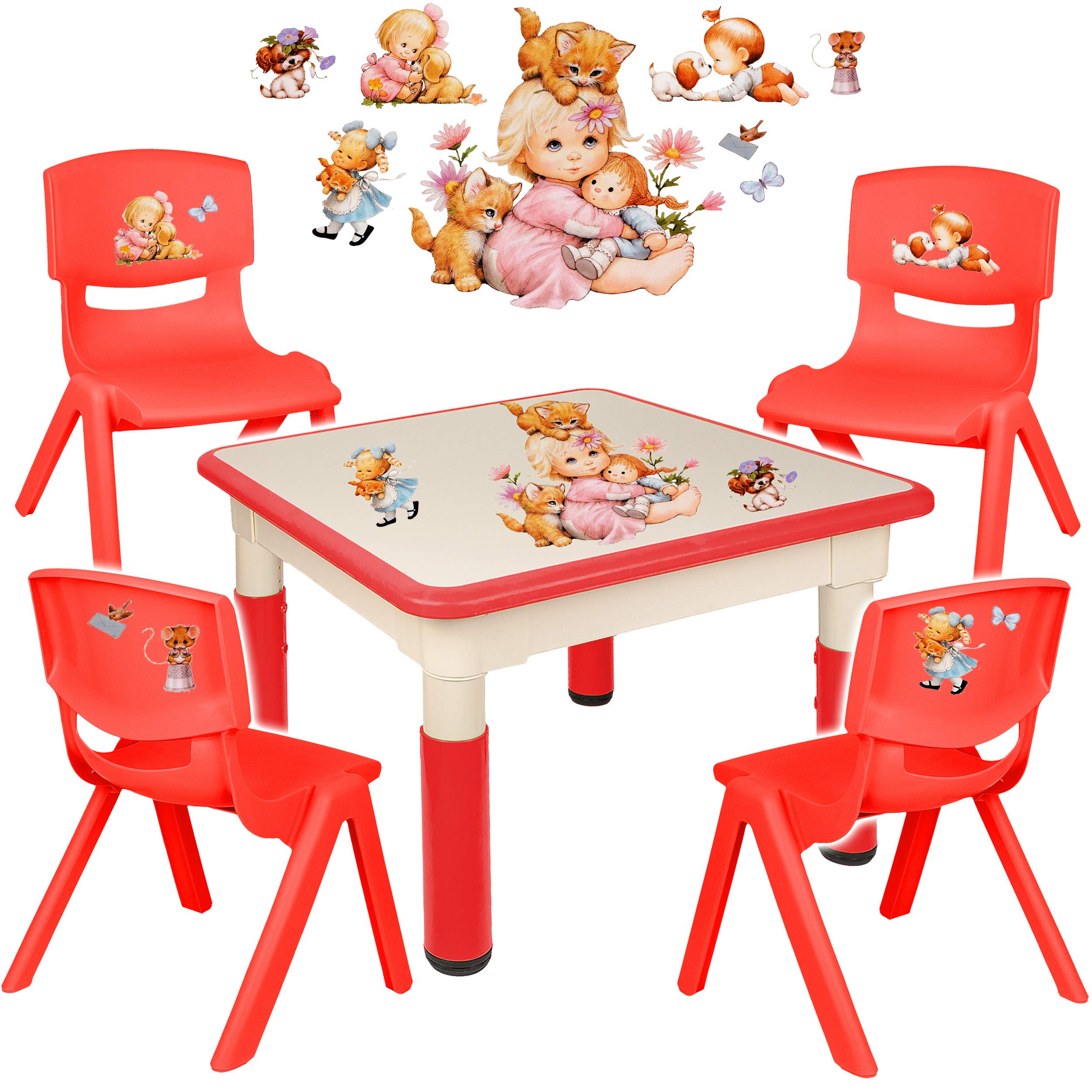 alles-meine.de GmbH Sitzgruppe für Kinder - Tisch + 4 Kinderstühle - Größen & Motiv & Farbwahl - Kinder & Tierbaby/rot - höhenverstellbar - 1 bis 8 Jahre - Plastik - für INNEN ..