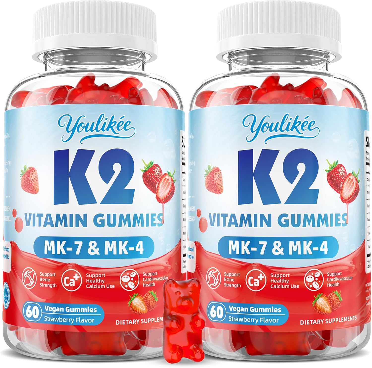 2 Pack Sugar-Free Vitamin K2 Gummies, Dual Formula Vitamin K2 Supplement with MK-7 & MK-4, Supports Bone Health, Gluten-Free, Non-GMO, Sugar-Free, Strawberry Flavor, 120 Gummies