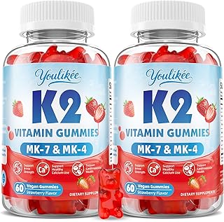 2 Pack Sugar-Free Vitamin K2 Gummies, Dual Formula Vitamin K2 Supplement with MK-7 & MK-4, Supports Bone Health, Gluten-Free, Non-GMO, Sugar-Free, Strawberry Flavor, 120 Gummies