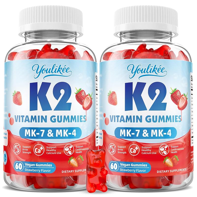 Youlikee Suplemento de Vitamina K2 com MK-7 e MK-4, 120 gomas (2 frascos)