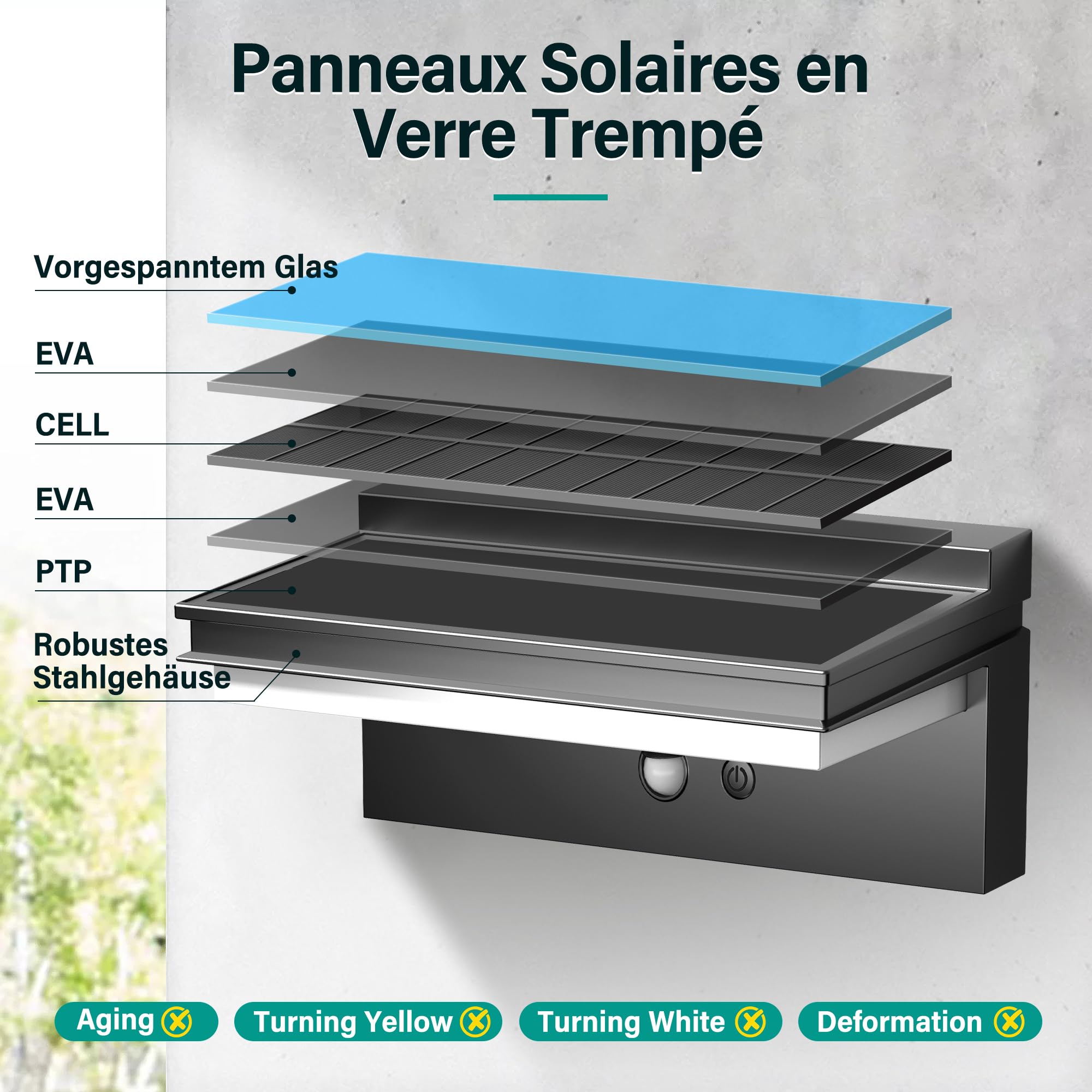 Lampe Solaire Extérieur Détecteur de Mouvement | Blanc Froid, 1500 LM Applique Murale Exterieur, Étanche IP65, 4 Modes pour Jardin, Garage