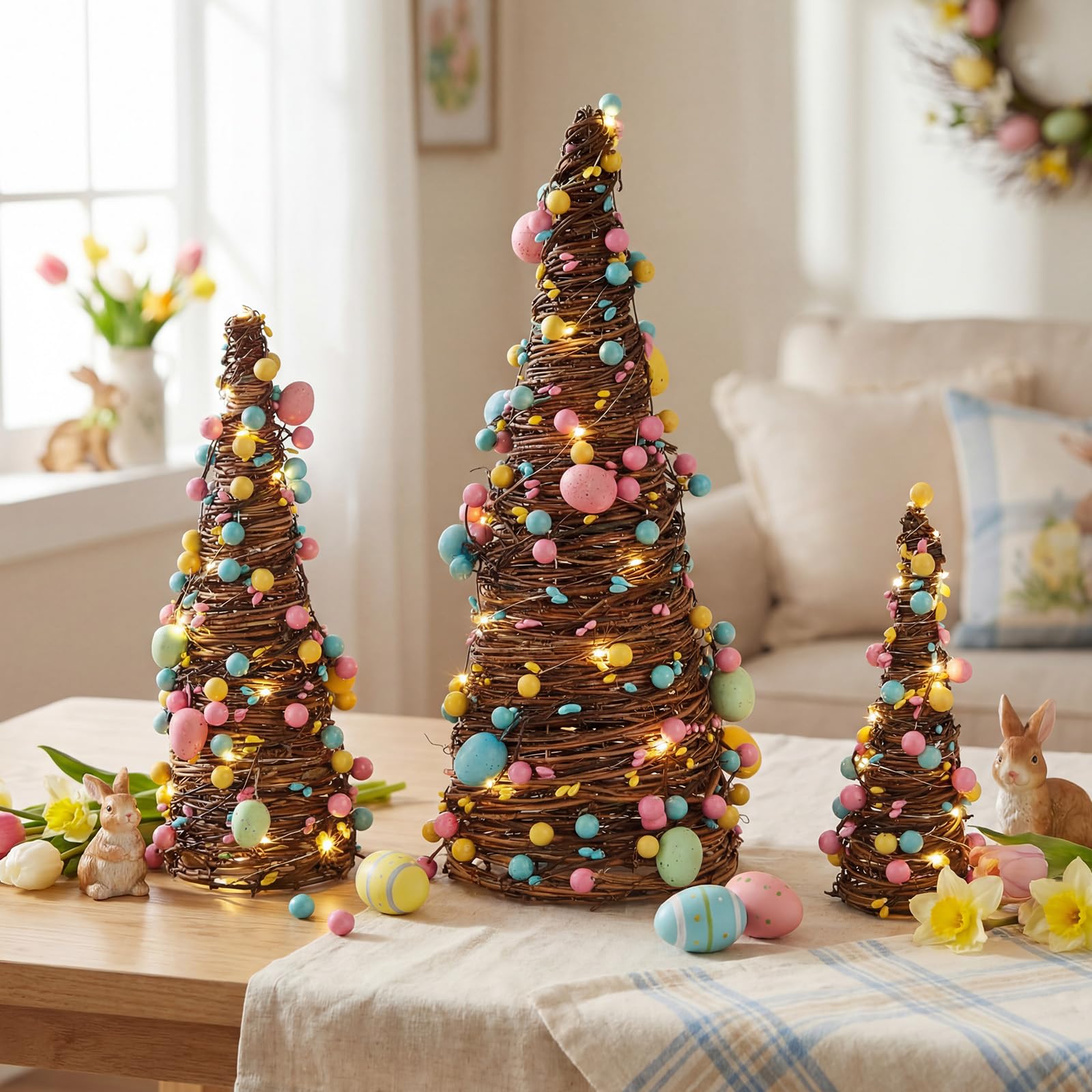 Photo 1 of Sotiff 3 Piece Easter Table Decoration with Lights Spring Pastel Rattan Table Trees 15.8''/ 11.8''/ 7.9'' Artificial Decorative Eggs, Macaron Berries for Party Centerpiece Indoor