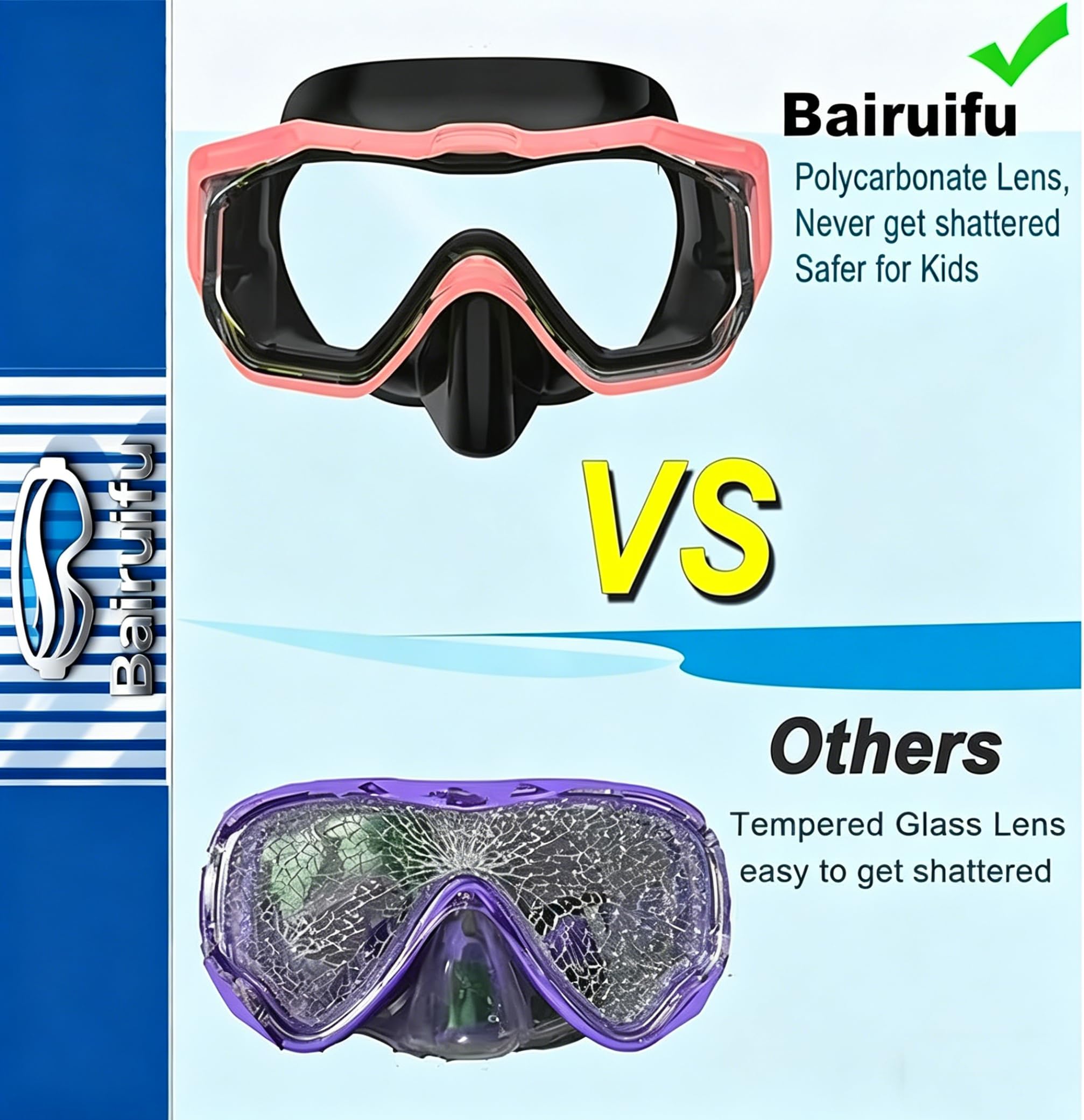 Kinder-Schwimmbrille, Schnorchelmaske, neueste 3-Fenster-Gläser, breite Sicht, kristallklar, weiche Nasenabdeckung