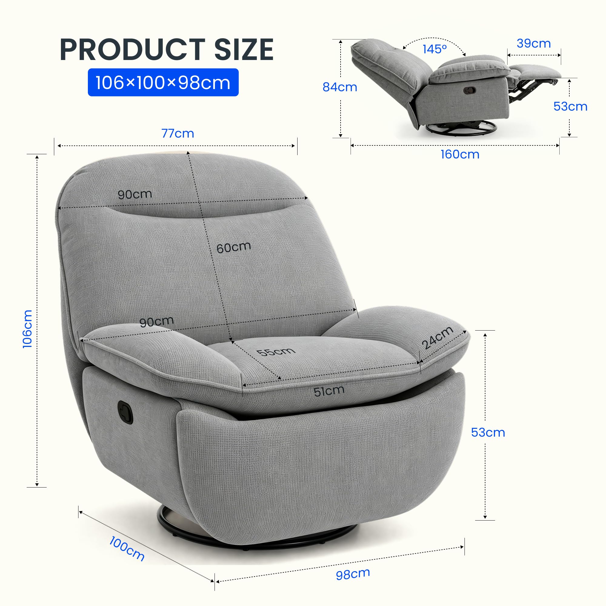 FLEXISPOT XC6 Sillón Relax, Sófa Giratorio con Función Balancín, Sillon TV con Respaldo Ajustable, Silla Reclinable para Dormitorio, Salón y Cine en Casa (Gris Claro)