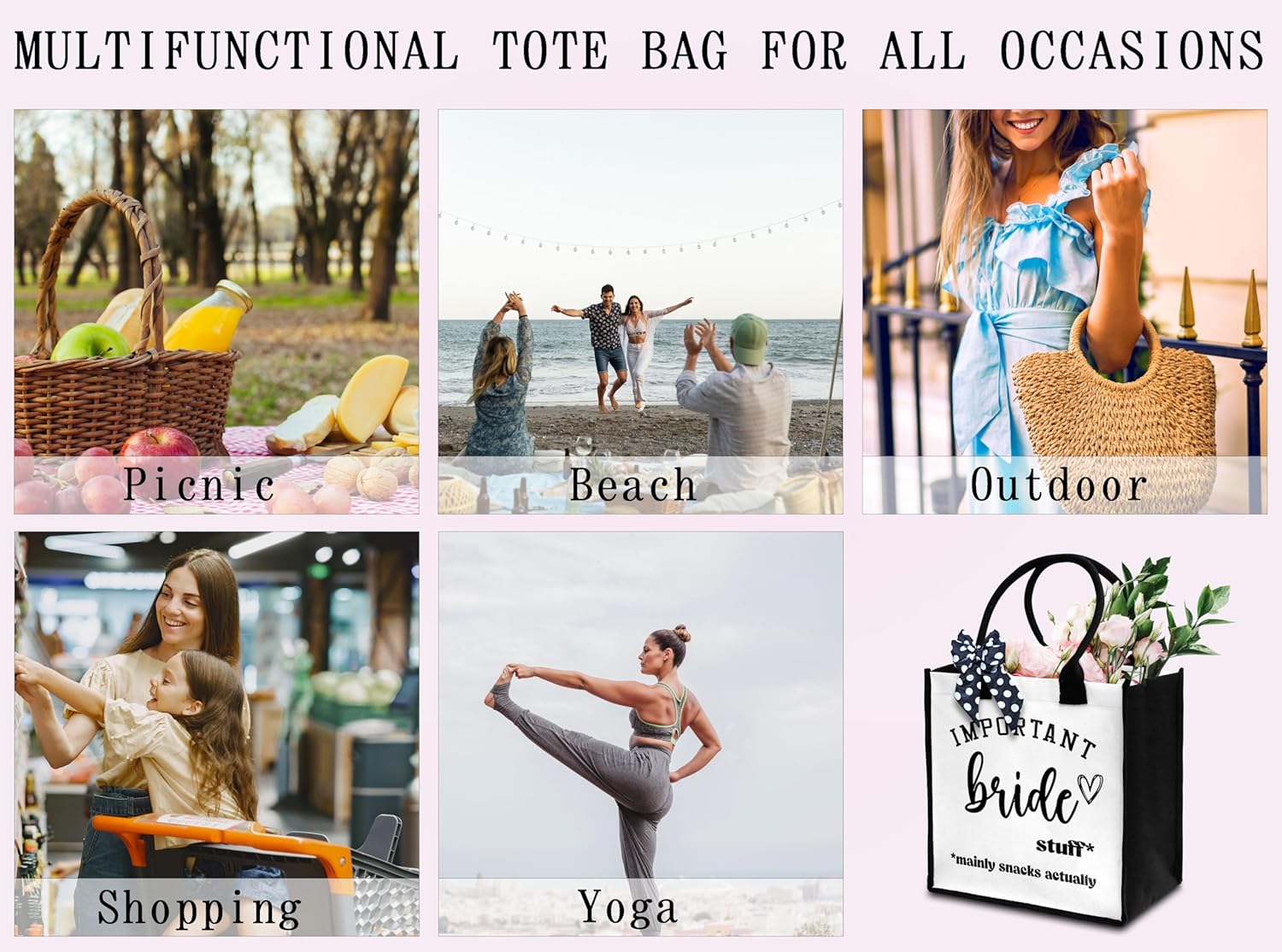 Women's Bride Tote Bag, Black, 12" L x 7.3" W x 12" H, Canvas, Water Resistant, Reusable, All Ages, Female - Image 5