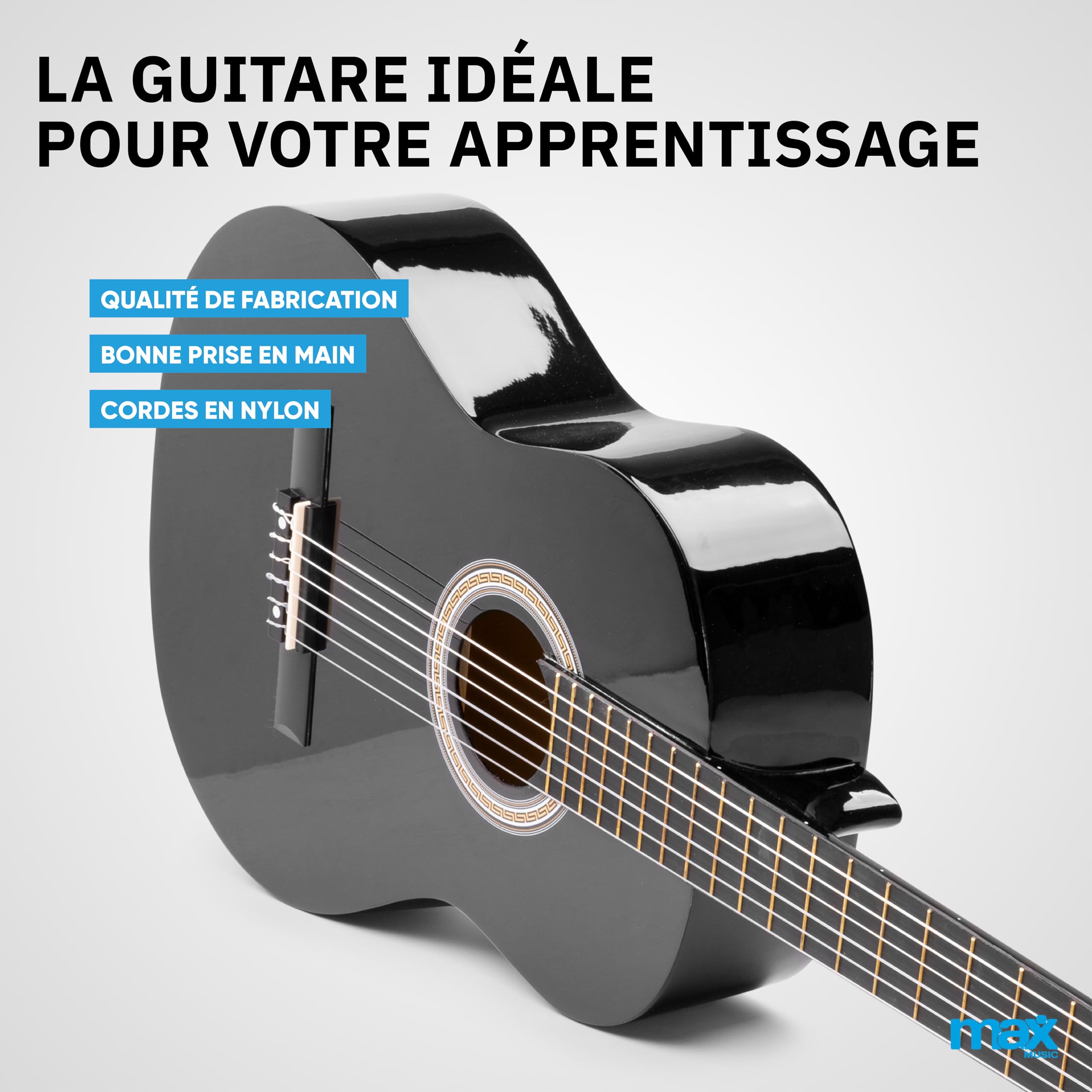 Max SoloArt - Guitare Classique Adulte Débutant - Noir, Cordes en Nylon, Livré avec un Tuner Digital, un Sac de Transport, des Médiators et une Sangle, Idéal pour Musiciens Débutants