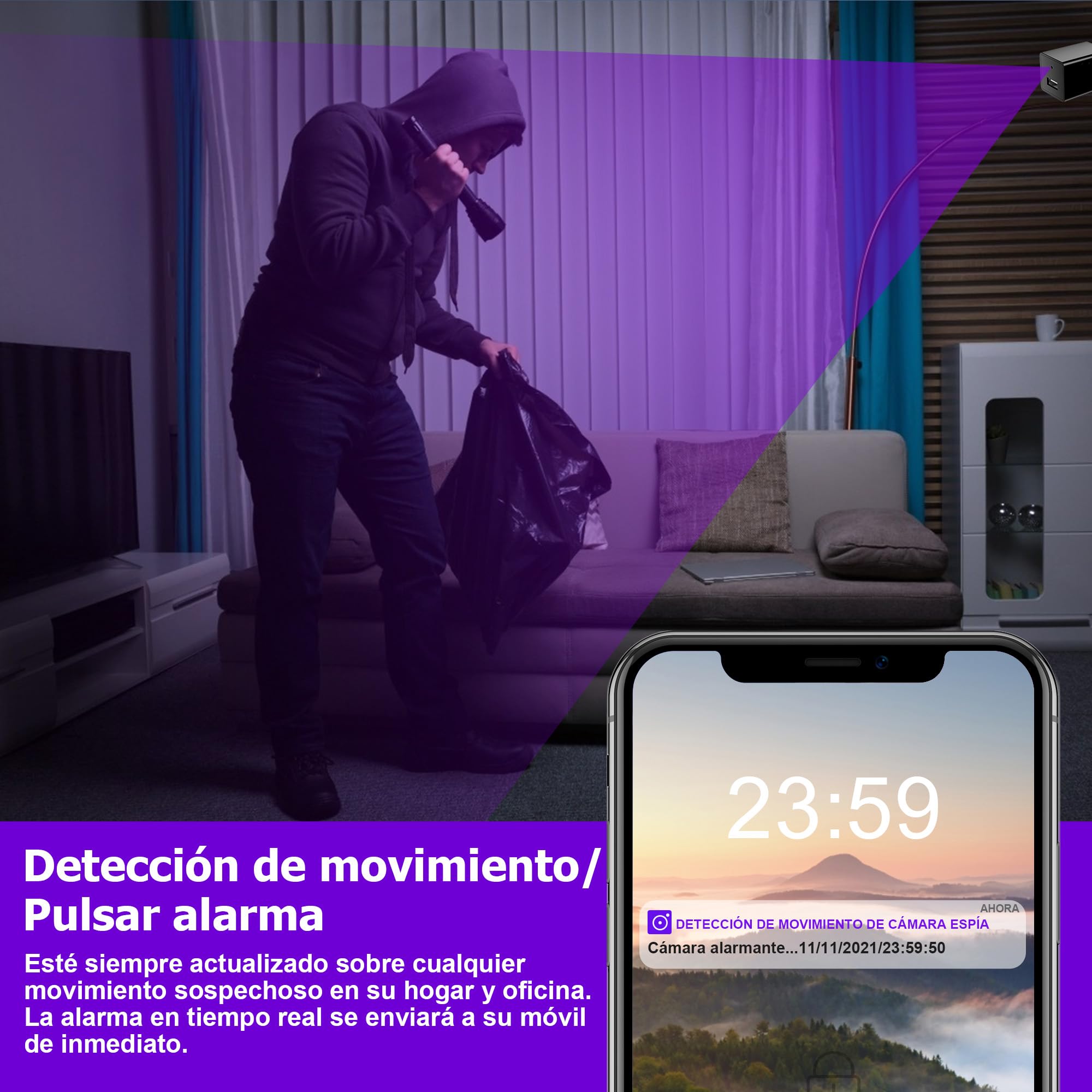 1080P Mini Camara Espia Oculta vigilancia WiFi Interior - Black | HD 1080P,detección de movimiento,solo Wi-Fi 2,4G,seguridad interior,control por app,visión en vivo remota,vigilancia