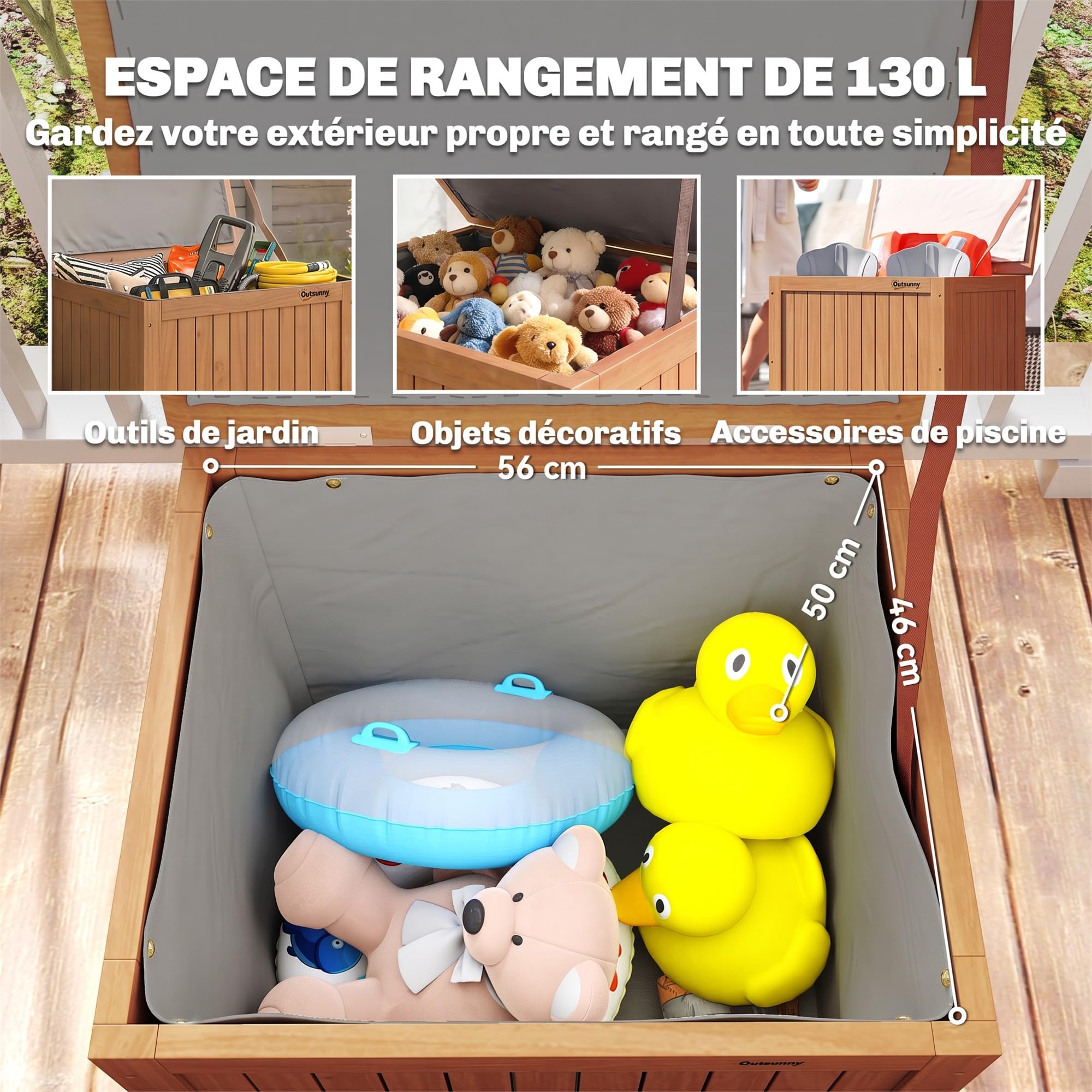 Outsunny Coffre de Rangement en Bois Massif 130L Balcon 63x51x58,5cm Brun