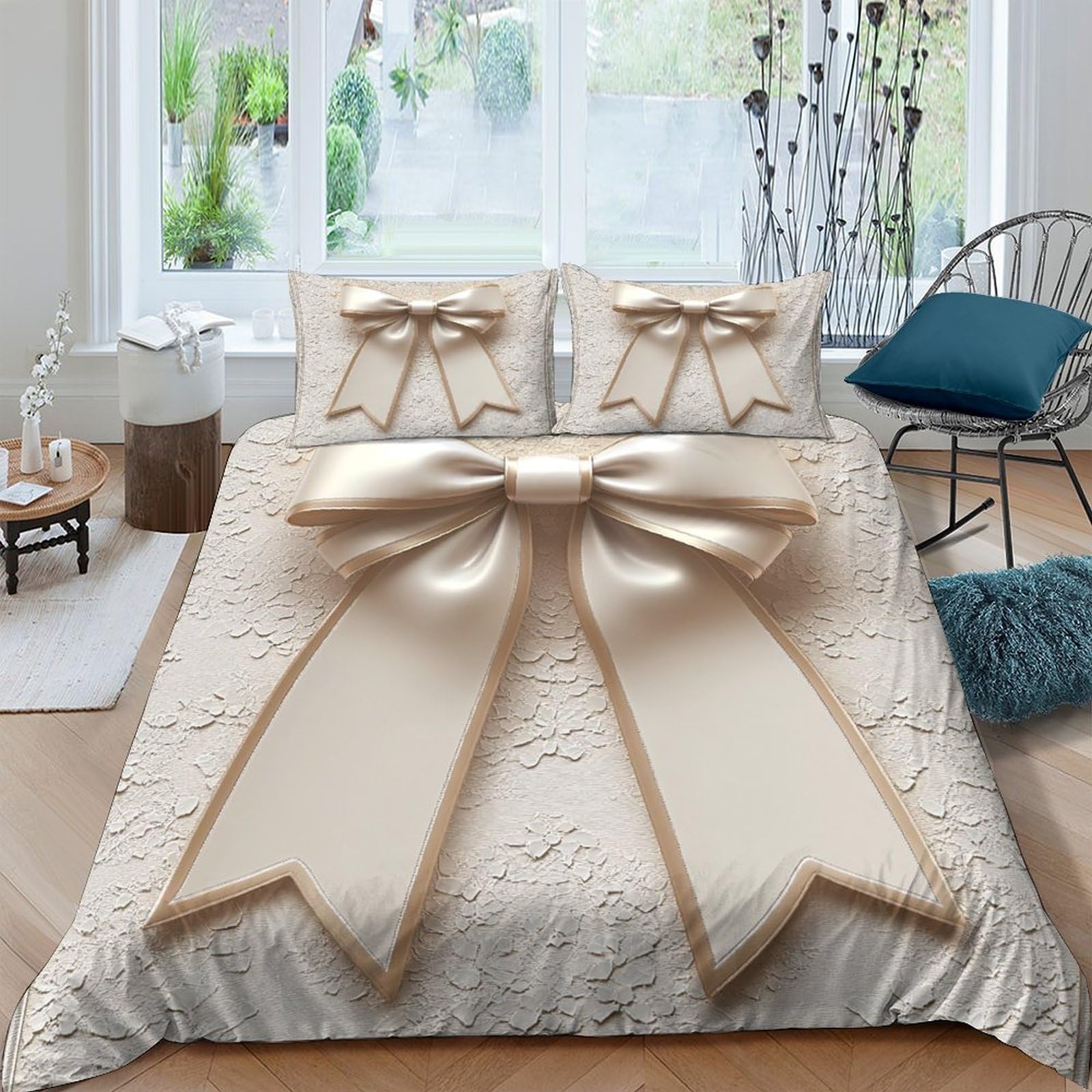 Ctjqhvkz Style-2 3D Printed Elegant Bow Fitted Sheet Microfiber Soft Cream Ribbon Bed Cover For Bedroom Guestroom Decor Single（135X200cm）