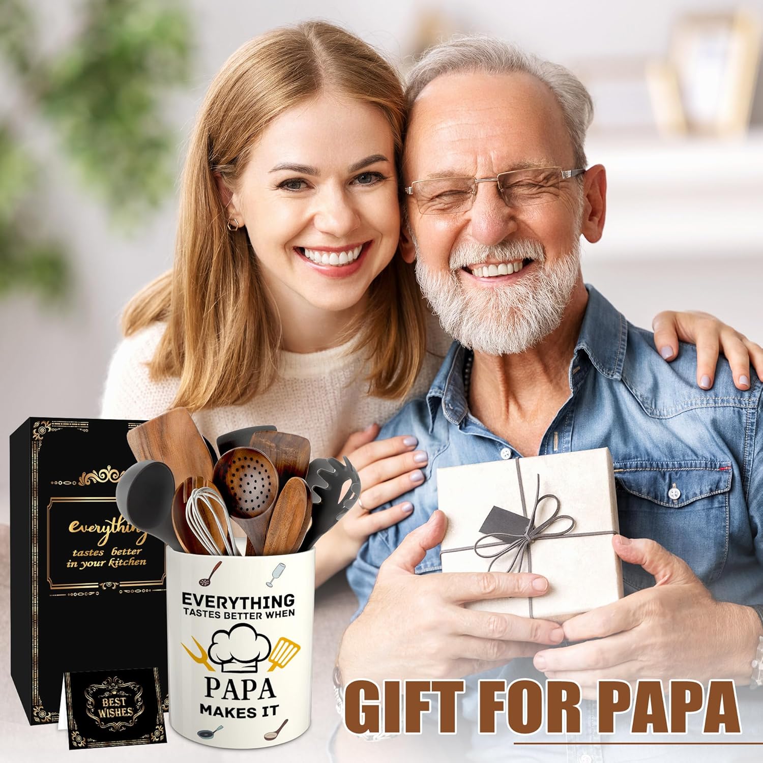 Papa Fathers Day Gift, Papa Gifts from Grandkids, Father's Day Gift for Papa's, Birthday Gifts for Father Dad from Kids, Dad Ceramic Utensil Holder for Kitchen with Non-Slip Mat