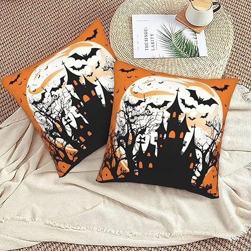 Miniatura 6 de Juego de 2 fundas de almohada cuadradas de noche de Halloween, fundas de almohada decorativas de castillo de bruja negra con cremallera oculta, 16 x