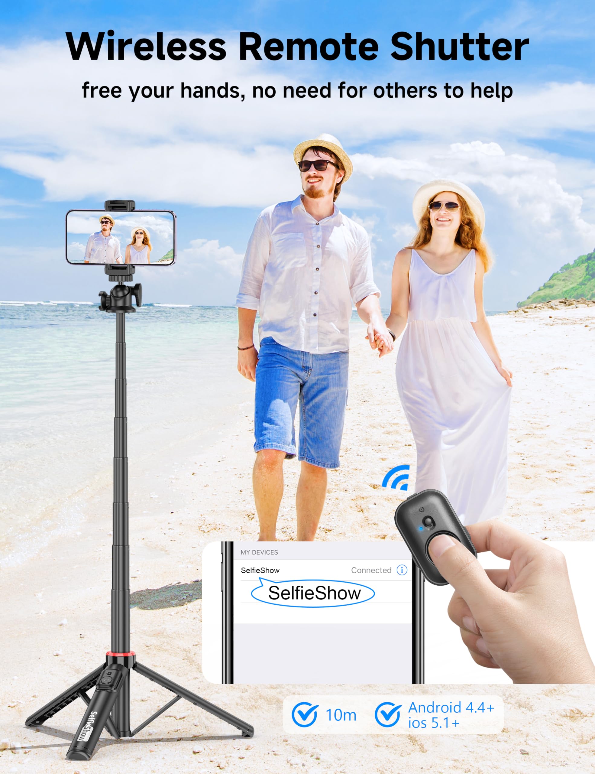Aluminiowy statyw do selfie, statyw do selfie z pilotem i głowicą kulową 360°, rozkładany statyw do smartfona 4 w 1 z zimną stopką, lekki statyw podróżny kompatybilny z iPhone 16/15/14/Android