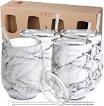 THILY Stainless Steel Insulated Wine Tumbler - Stemless Wine Glass with Sliding Lid and Straw, Cute Travel Cup Keep Coffee and Cocktails Cold, 2 Pack(Iridaceae+Orchid)