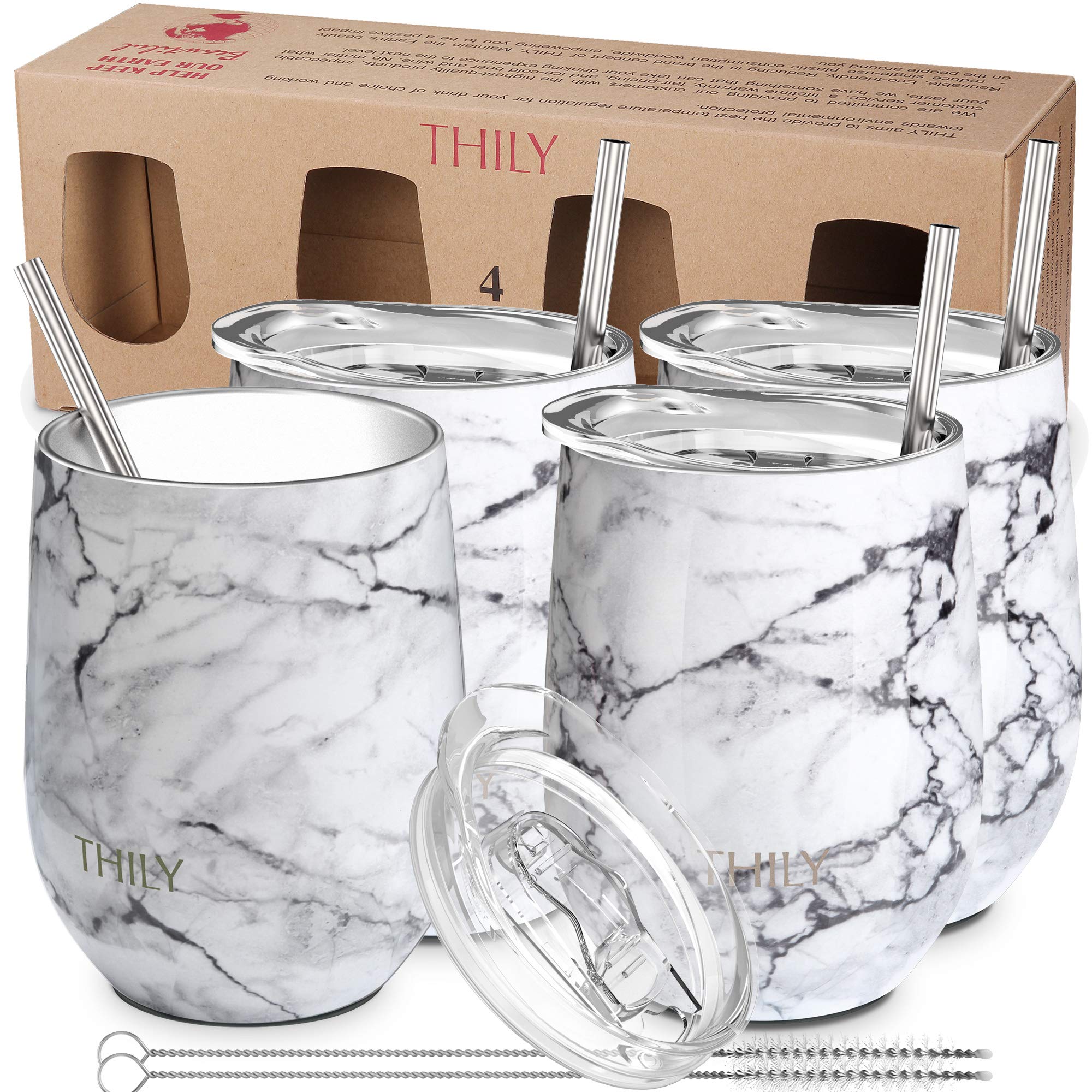 THILY Stainless Steel Stemless Wine Tumbler 4 Pack Vacuum Insulated Travel Wine Glasses Set with Sliding Lids and Straws, Keep Cold for Juice, Cocktails, Beer, Party, Christmas Gift, White Marble