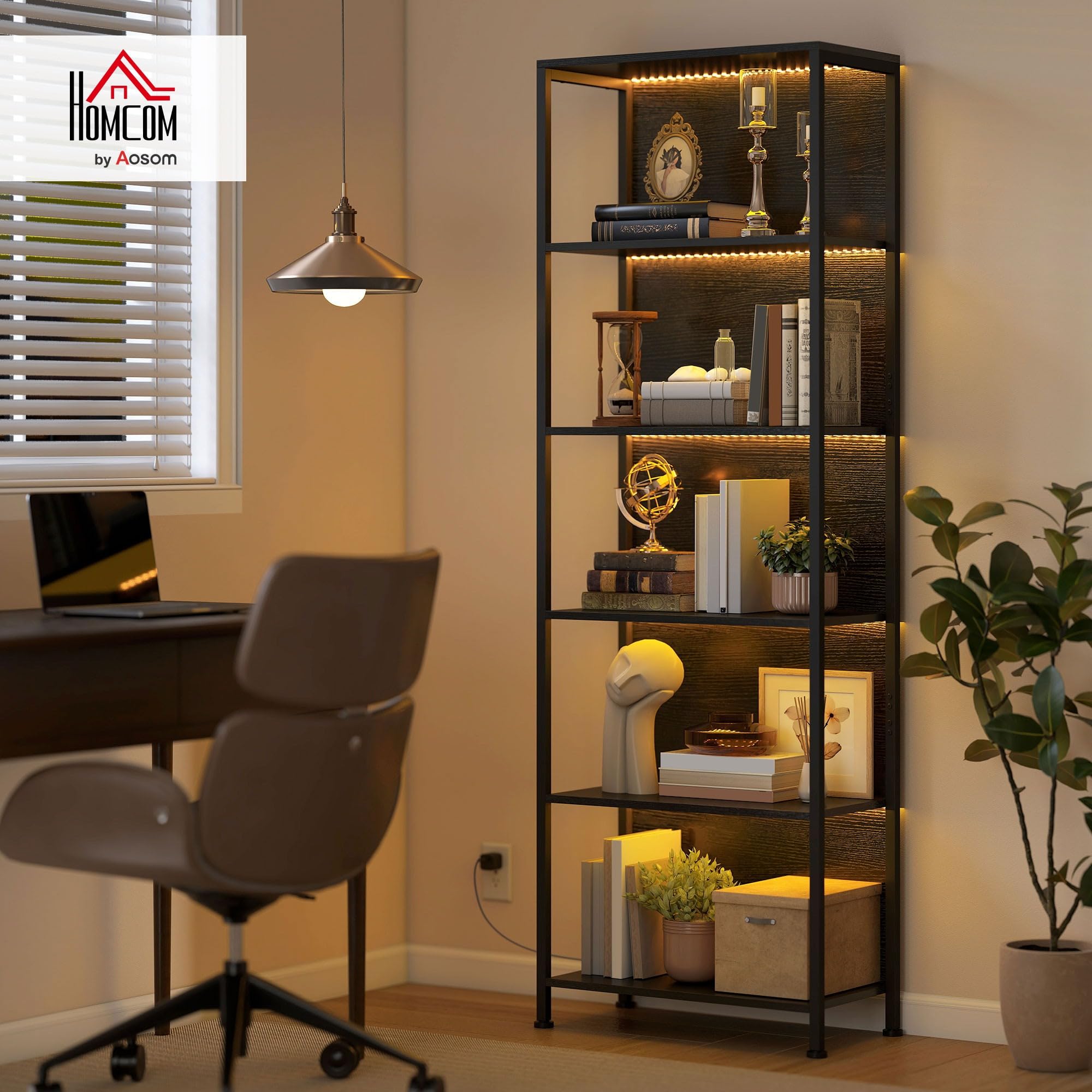 HOMCOM Libreria Scaffale a 5 Ripiani con Luci LED 60x30x179 cm Nero