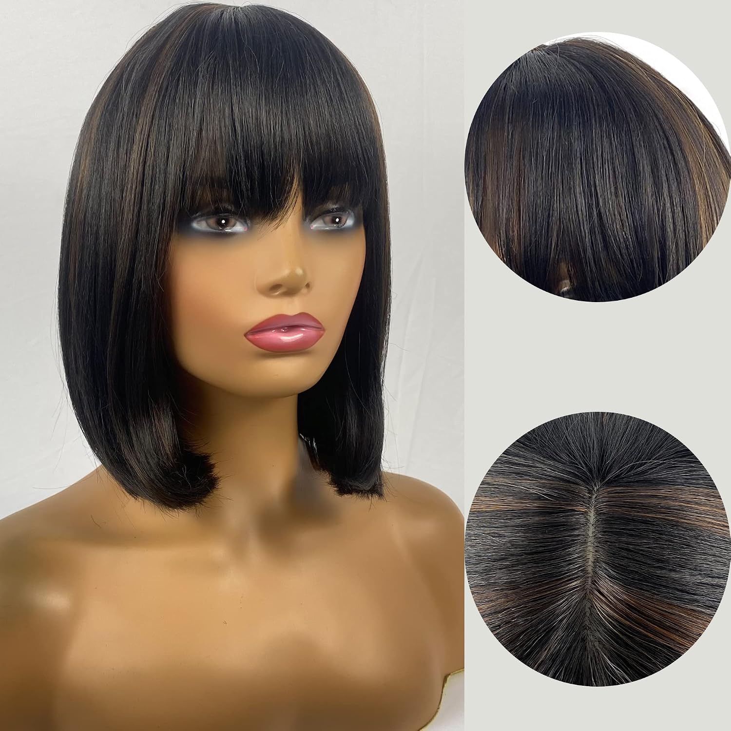 MIMISERVICE Short Bob Wig with Hair Bangs,Black and Brown Straight Short Wig for Women Natural Looking Heat Resistant Wigs